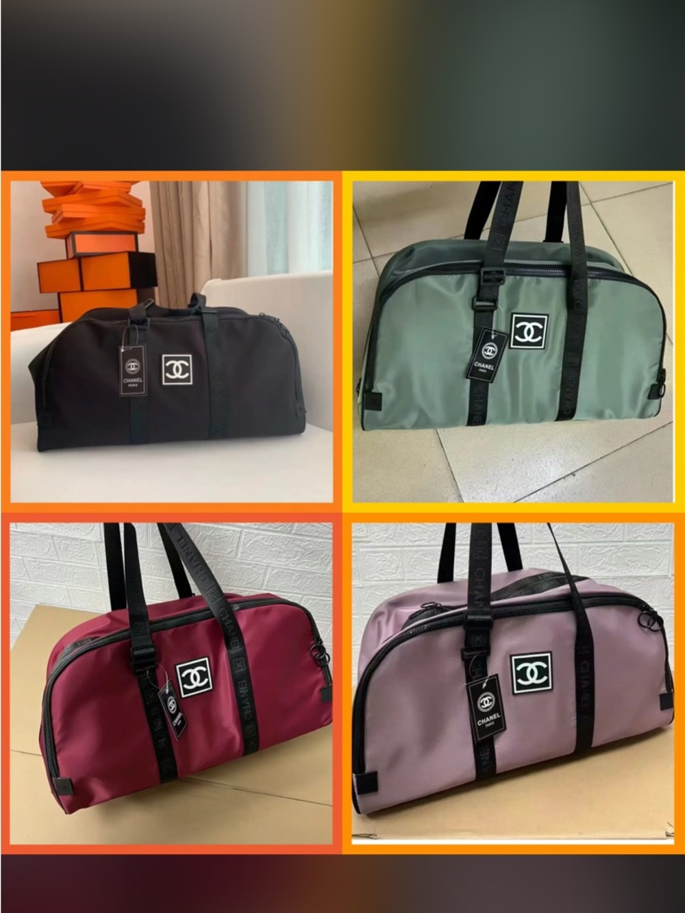 Duffel Bag in Black, Sage Green, Burgundy and white.